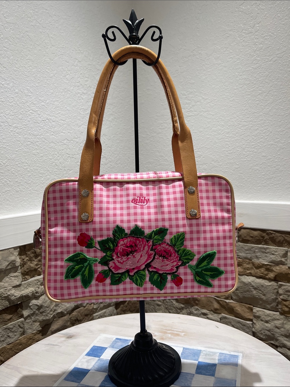 Oilily Pink Gingham Tote with Floral Appliqué and Tan Handles